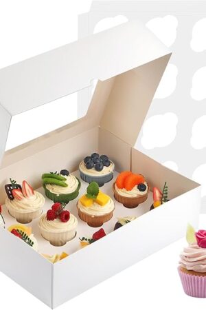 Cupcake Boxes, 2 Pack Disposable Cupcake Containers, Food Grade Cupcake Carrier 12 Count with Window and Inserts, Cupcake Transport Holders Bulk for Muffins Cookies Treats Dessert（White）