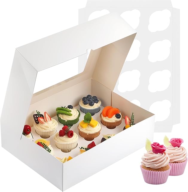 Cupcake Boxes, 2 Pack Disposable Cupcake Containers, Food Grade Cupcake Carrier 12 Count with Window and Inserts, Cupcake Transport Holders Bulk for Muffins Cookies Treats Dessert(White)