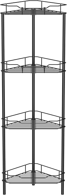 4 Tier Floor Standing Corner Shower Caddy Organizer Shelf with Hooks, Bathroom Shelves Stand Rack, Black