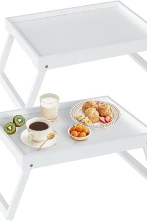 Bamboo Bed Tray Table with Folding Leg, Breakfast in Bed Tray for Kitchen,Eating,TV Table, Laptop Computer,Snack,Sofa or Working, Laptop Desk, 2 Pack(White)