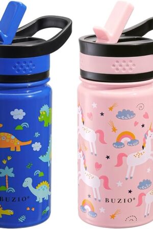BUZIO 2 Pack Kids Water Bottle for School, 14 oz Stainless Steel Toddler Water Flask with Tritan Straw Lid, Insulated Leak Proof BPA-Free Wide Mouth Drink Bottles Boy Girl (Pink Unicorn+Blue Dinosaur)