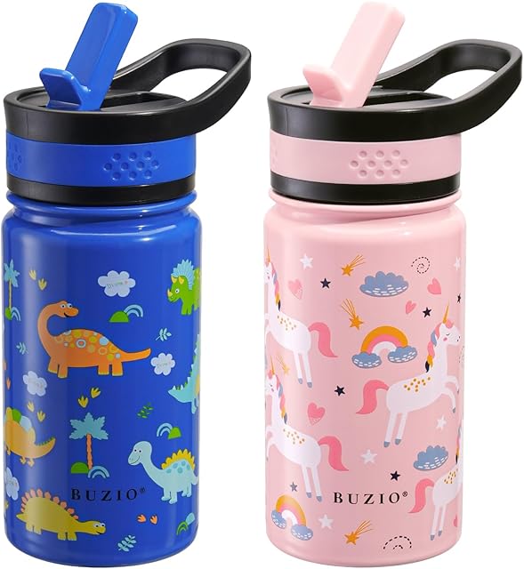 BUZIO 2 Pack Kids Water Bottle for School, 14 oz Stainless Steel Toddler Water Flask with Tritan Straw Lid, Insulated Leak Proof BPA-Free Wide Mouth Drink Bottles Boy Girl (Pink Unicorn+Blue Dinosaur)