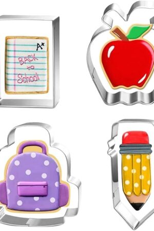 Back to School Cookie Cutter Set-4 Piece-Bag, Book, Apple, Pencil Fondant Biscui Cutters