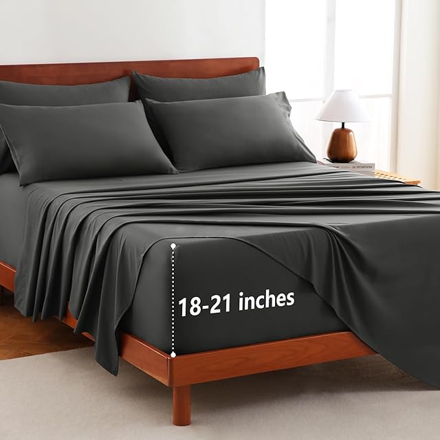 CozyLux Extra Deep Pocket King Sheets - 6 Piece Sheet Set - Fits Up to 21 inches Thick Mattresses - Luxury Bedding Set - Breathable Bed Sheets & Pillowcases - Easy & Secure Fit - Dark Grey, King Size