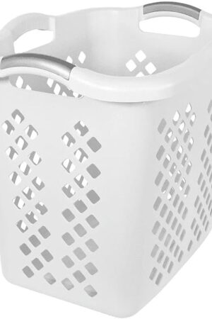 2 Bushel Storage Laundry Basket Plastic with Silver Handles, Laundry Hamper for Bathroom, Apartment, or Dorm Room, White