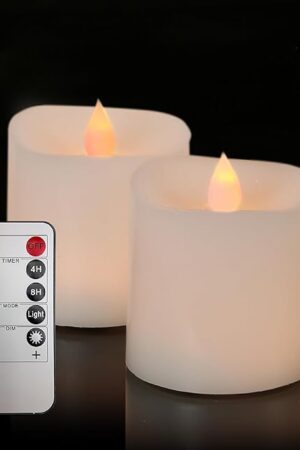 3x3 Flickering Flameless Candles Set of 2,3 inch Real Wax LED 600 Hours Battery Candles with Timer Remote,Control for Wedding Party Indoor,Ivory