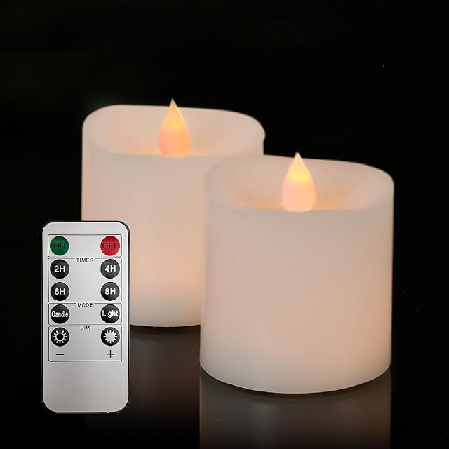 3x3 Flickering Flameless Candles Set of 2,3 inch Real Wax LED 600 Hours Battery Candles with Timer Remote,Control for Wedding Party Indoor,Ivory