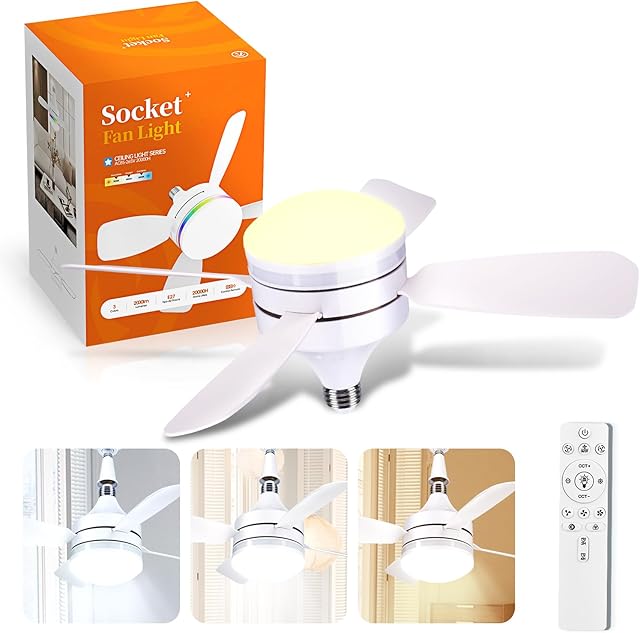 19" Socket Fan Light Screw Ceiling Fan Light 3000K-6500K Small Fan Light Bulb