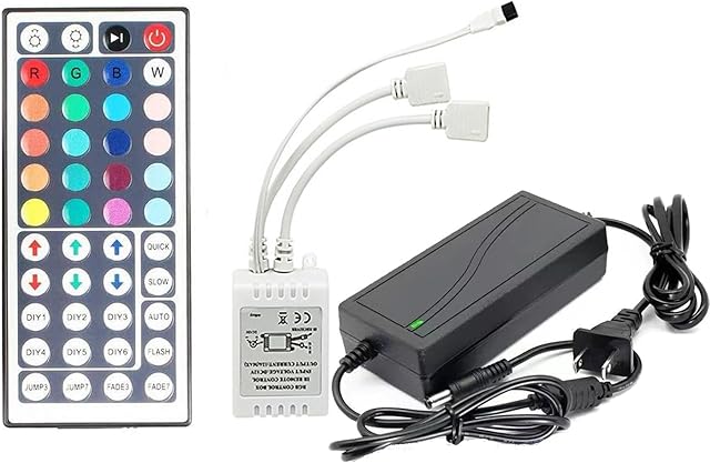 44 Key LED Strip Controller, Wireless Rectifier Control Box, IR Remote Controller, DC 12V 5A Power Supply Plug Adapter for 2835 3528 5050 RGB LED Strip Lights(2 Ports)