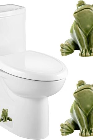 Ceramic Frog Toilet Bolt Covers Decorative, Set of 2 Tall Toilet Bolt Caps,Cute Frog Toilet Screw Cover Caps, Toilet Caps for Bottom of Toilet for Bathroom Decor, Easy to Install (B - Green)