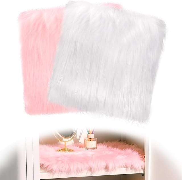 2 Pcs School Locker Rugs, 12" x 12" Mini Locker Decorations for Girls, Soft Fluffy Area Carpet with Non Skid Backing for Middle School Locker Decor Aesthetic Nail Photography (Pink, White)