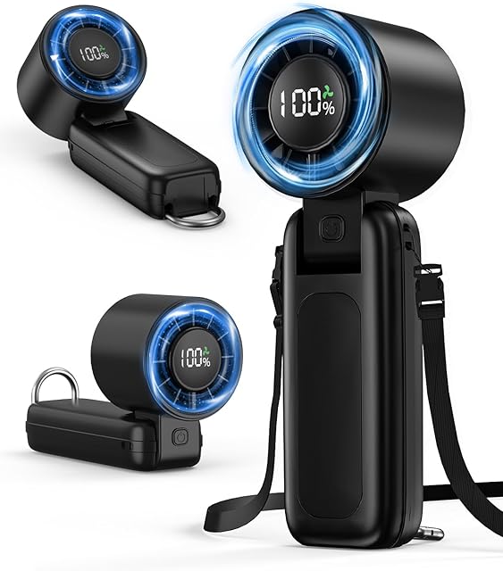 4 in 1 Handheld Portable Turbo Fan, 180° Foldable 6-Speed (1-100) Mini Fan, 5000mAh Rechargeable Battery Operated up to 15 Working Hours, LED Display Personal Cooling for Travel Indoor Outdoor Black