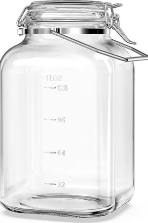1.5 Gallon Glass Jar with Airtight Lid, Square Wide Mouth Mason Jars with Stainless Steel Handle, Large Glass Storage Containers for Canning, Flour, Sugar, Fermentation, Rice, Pickled Eggs