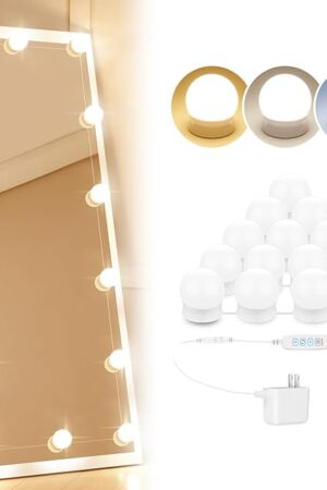 14 Bulbs LED Vanity Lights For Mirror, 3000K 4500K 8000K & 10 Level Brightness Adjustable Dimmable Mirror Lights Stick On with 23FT Length Power Adapter, Hollywood Makeup Lights for Full Length Mirror