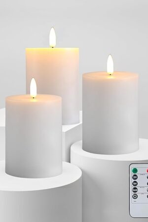 3"x4" Flickering Flameless Candles with Remote Timer, 3" Diameter White Pillar, Real Wax, Set of 3 Large Battery Operated LED Candles for Table and Fireplace Decor (H 4")