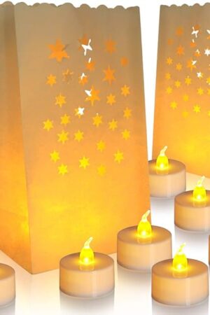 ANZOME Flameless Tea Lights with 30 Packs Luminary Bags, 30 Battery Operated LED Unscented Tea Lights Fake Tea Candles with Realistic Flames, Christmas, Weddings, Parties, Festivals, Halloween Decor