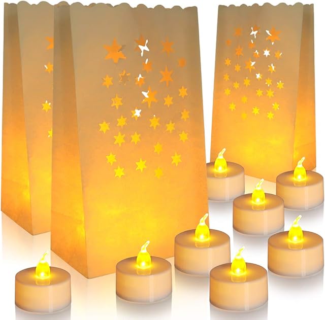 ANZOME Flameless Tea Lights with 30 Packs Luminary Bags, 30 Battery Operated LED Unscented Tea Lights Fake Tea Candles with Realistic Flames, Christmas, Weddings, Parties, Festivals, Halloween Decor
