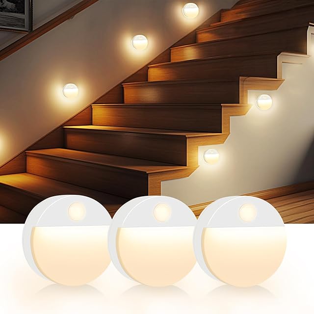 3 Pack Motion Sensor Stair Light for Indoor, Battery Operated Closet Lights, Led Stick On Puck Lighting Night Lamp, Motion Activated Lamps for Step, Cabinet, Hallway, Bathroom