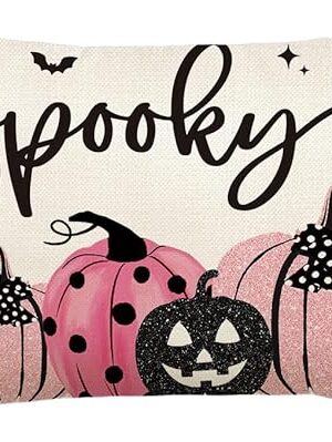 AVOIN colorlife Halloween Spooky Polka Dot Pumpkin Throw Pillow Cover, 12 x 20 Inch Bat Horror Pink Cushion Case Decoration for Sofa Couch