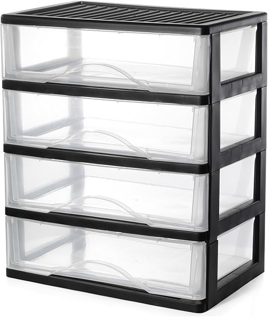 BYCY Medium 4 Drawer Clear Stacking Desktop Organizer for Office Supplies,Stackable Storage Drawers Plastic Storage Bins For Kitchen Cabinets, Pantry, Home Organization (Black, Medium 4Drawer)