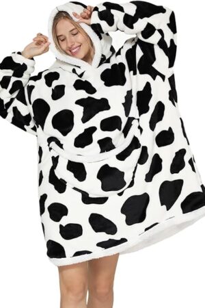 Wearable Blanket Hoodie Oversized Hooded Blanket for Adult Women Super Soft Comfortable Warm Flannel Cow