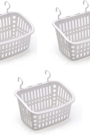 3PCS Plastic Hanging Baskets for Shower, Hanging Basket Organizer with Hooks, Rectangle 10.6Inches Small Hanging Storage Basket (Grey)
