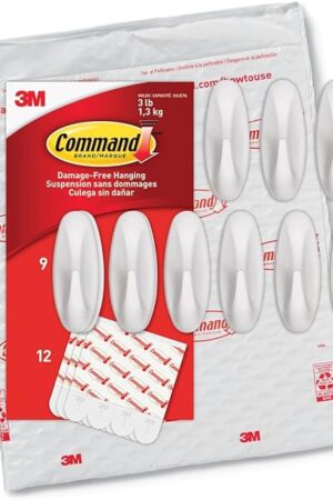 Command Medium Designer Hooks, Damage Free Hanging Wall Hooks with Adhesive Strips, No Tools Wall Hooks for Hanging Decorations in Living Spaces, 9 White Hooks and 12 Command Strips
