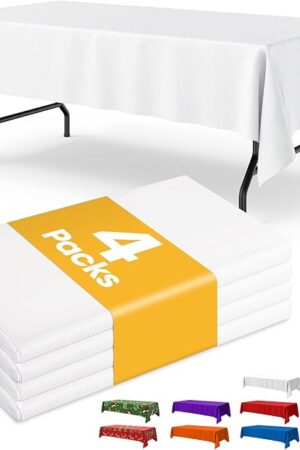 White Plastic Table Cloth - 4 Pack 54" × 108" Rectangle Disposable Tablecloths for 6FT Tables, Waterproof Table Cover for Party, Holiday & Gathering Use