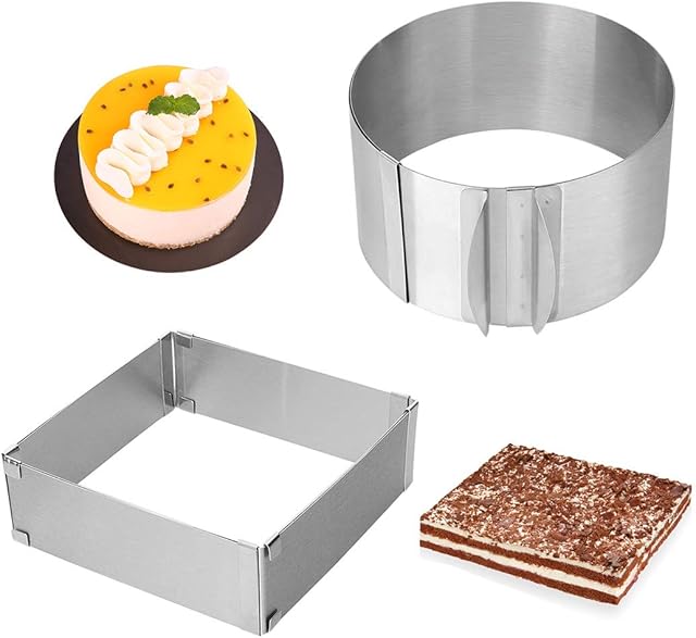 Adjustable Cake Ring 2 Pack, 6 to 12 Inch Stainless Steel Mousse Cake Mold Ring with scaling for Kitchen DIY Pastry, Square and Round