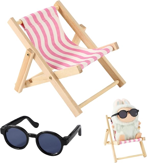 The 6.69 Inch Doll Accessories Set, Wooden Mini Folding Beach Chair Plastic Miniature Sunglasses for Doll Decorations Dollhouse