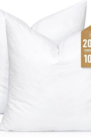 Artscope Synthetic Down Pillow Insert, 20x20 Down Alternative Throw Pillow Insert. Ultra Soft Fluffy Sleeping Pillow with 100% Cotton Cover, Decorative Pillows Set of 2-White.