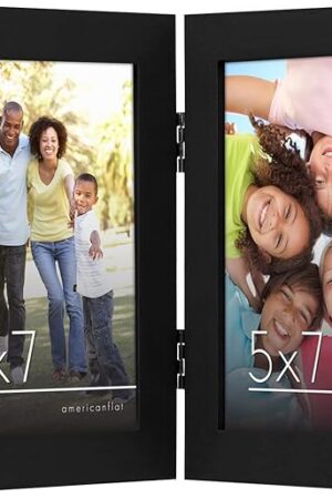 Americanflat Hinged 5x7 Picture Frame with Shatter-Resistant Glass - Double Picture Frames with Engineered Wood - Signature Collection - Photo Frame for Tabletop Display - Black