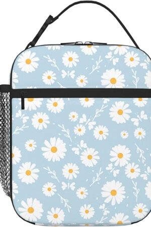 Blue Daisy Flower Insulated Lunch Bag Kids,Kids Lunch Box for Girls Boys,Bento Lunch Box Cooler Bag with Front Pocket for Women Men,Cute Lunch Tote Bag Lunchbox for Work/Office/School/Picnic
