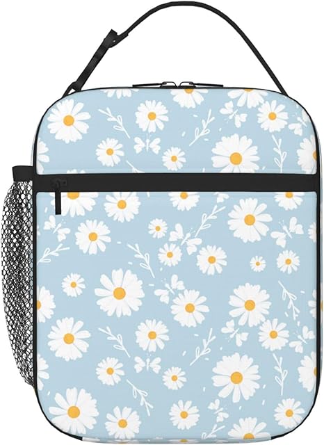 Blue Daisy Flower Insulated Lunch Bag Kids,Kids Lunch Box for Girls Boys,Bento Lunch Box Cooler Bag with Front Pocket for Women Men,Cute Lunch Tote Bag Lunchbox for Work/Office/School/Picnic