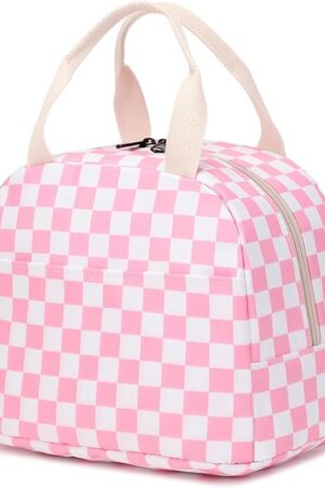 Checkered Lunch Bag for Girls Women, Cute Insulated Leakproof Lunch Box Container Reusable Cooler Lunch Tote Bag for Teens Kids Adults School Travel Picnic (Pink)