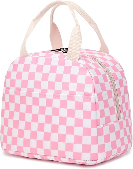 Checkered Lunch Bag for Girls Women, Cute Insulated Leakproof Lunch Box Container Reusable Cooler Lunch Tote Bag for Teens Kids Adults School Travel Picnic (Pink)