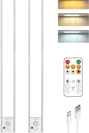 16in Under Cabinet Lighting with Remote Control,160 LED Motion Sensor Light Indoor,4000mAh USB Rechargeable Closet Lights,3 Color Temps Wireless Under Counter Lights for Kitchen,Pantry, Stair, 2 Pack