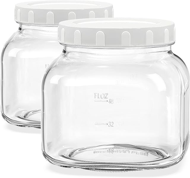 81 Oz/0.6 Gallon Airtight Glass Jar with Lids, Wide Mouth Half Gallon Mason Jar for Pickle, Cookie, Kombucha, Flour, Sugar. Set of 2 Large Pickle Jar with 2 Scale Marks