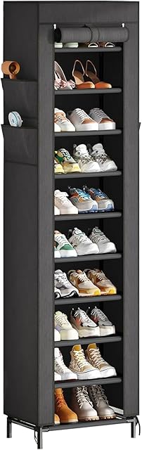 Simple Trending Narrow Shoe Rack with Cover, 10 Tier Shoe Organizer Storage, Tall Free Standing Shoe Cabinet Holds 20 Pairs for Closet, Black