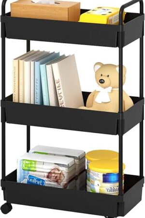 3-Tier Storage Cart，Shelf Organizer Mobile Shelving ，Utility Rolling Cart，Multifunction Movable Storage Organizer with Lockable Wheels,Black