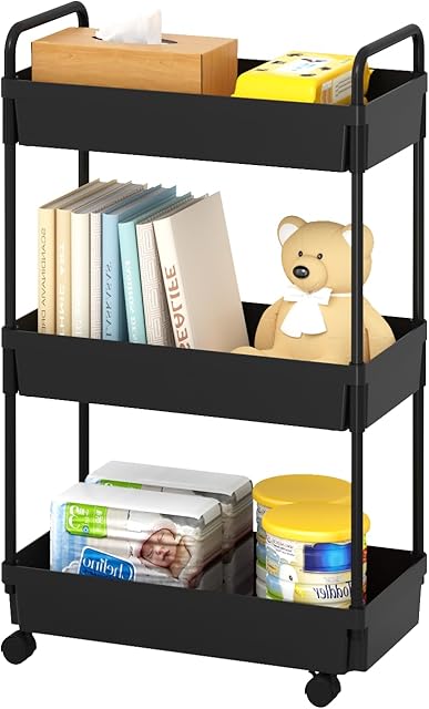3-Tier Storage Cart,Shelf Organizer Mobile Shelving ,Utility Rolling Cart,Multifunction Movable Storage Organizer with Lockable Wheels,Black