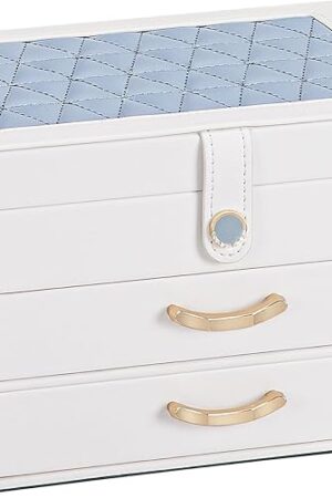 White Jewelry Box Organizer: Home Decor for Women - 2-Drawer Holder for Valentine’s Day Birthday Christmas White Grey-Blue