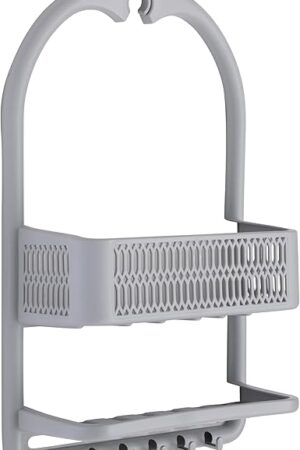 Bath Bliss Molded Shower Caddy | Bathroom Storage | Hangs Over Shower Head | 6 Accessory Hooks | Holds Razors | Washcloths | Accessories | Suction Cup Stability | Grey