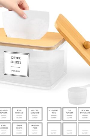Dryer Sheet Holder - Clear Dryer Sheets Container with Bamboo Lid, 16 Labels and Scoops for Laundry Room Organization and Storage Dryer Sheet, Balls, Clothespins, Pods