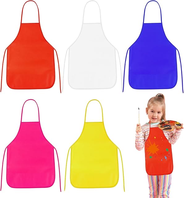 The PLULON 5 Pcs Kids Aprons for Painting, Painting Apron Bulk for Kids Art Smocks Children Fabric Art Aprons for Art Painting Crafts Home Kitchen Classroom Party and Activity