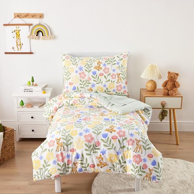 Wake In Cloud Floral Toddler Bedding Set 4 Pieces Botanical Flowers Green Cream
