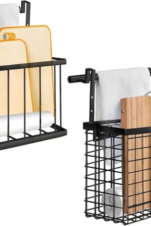 2 Pack Cabinet Door Organizer with Towel Bar, Over The Cabinet Door Storage with Towel Holder for Kitchen Cutting Board,Black