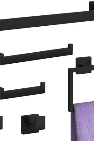 6-Piece Matte Black Bathroom Hardware Set, Heavy Duty Bath Towel Bar Set Including - 16" Towel Rack - Hand Towel Holder - Toilet Paper Holder - Towel Ring - Robe Towel Hook