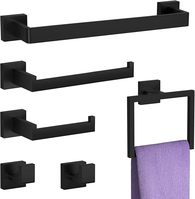 6-Piece Matte Black Bathroom Hardware Set, Heavy Duty Bath Towel Bar Set Including - 16" Towel Rack - Hand Towel Holder - Toilet Paper Holder - Towel Ring - Robe Towel Hook