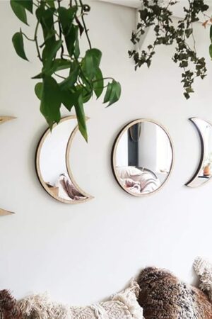 5 Pieces Scandinavian Natural Decor Acrylic Wall Decorative Mirror Interior Design Wooden Moon Phase Mirror Bohemian Wall Decoration for Home Living Room Bedroom Decor - Acrylic,Not Real Mirror(Beige)